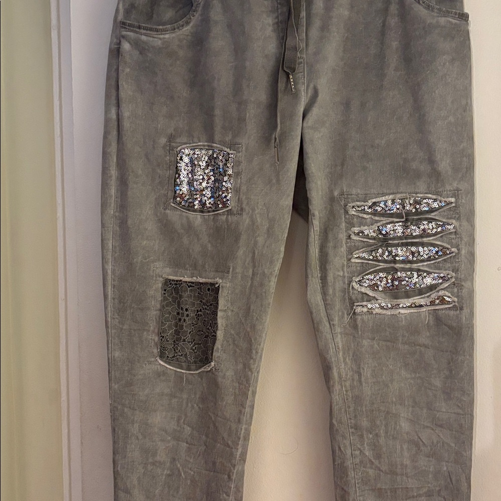 Grey Distressed Jeans with Sequin Accents from Italy